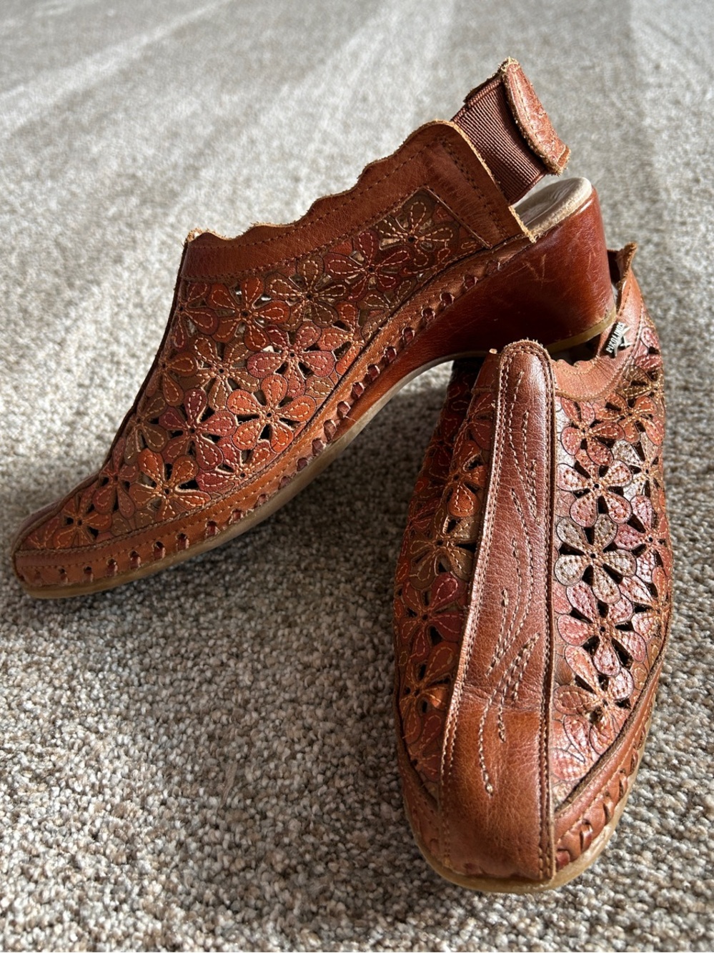 PIKOLINOS Brown Leather Floral Cutout Slingback Shoes Size 37 (7 US)